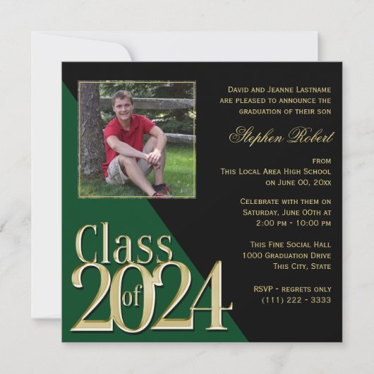 Invitation Classe de 2024 Gold Grad Green avec photo (Devant)