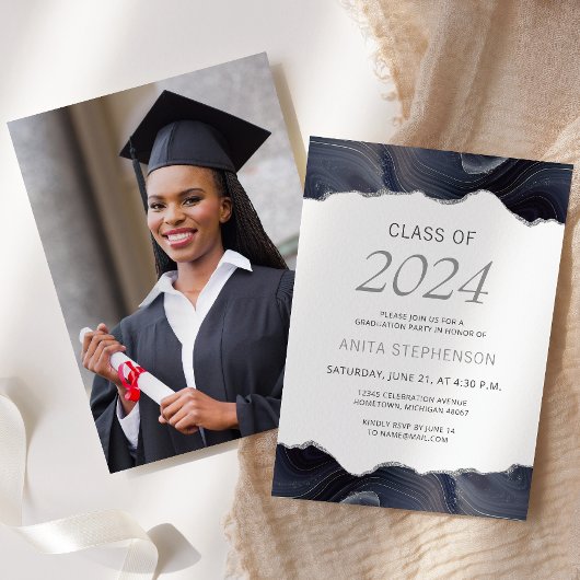 Invitation Classe de 2024 Photo Blue Grey Agate Graduation