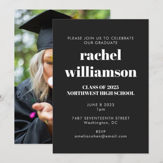 Invitation Classe de 2024 Photo Graduation Party Black White (Devant / Derrière)
