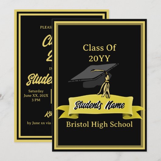 Invitation Classe de 2025 Black and Gold Graduation Party (Devant / Derrière)