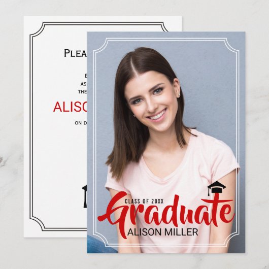 Invitation Classe de 2025 diplômé en typographie rouge photo (Devant / Derrière)