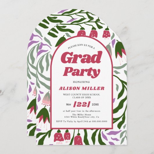 Invitation Classe De 2025 fleurs rétro Graduation Arc (Devant / Derrière)