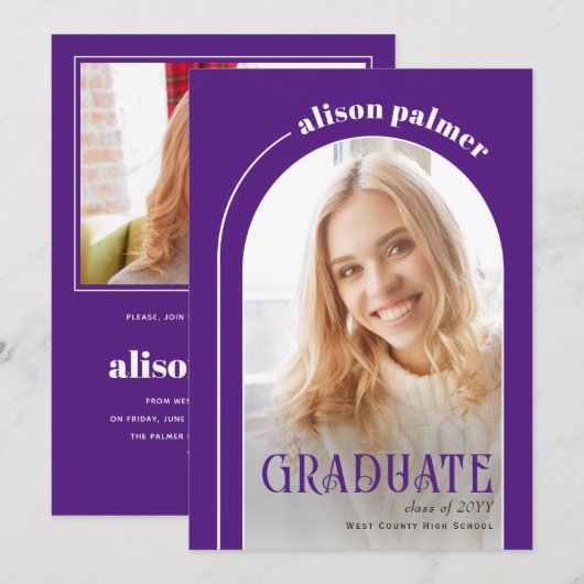 Invitation Classe de 2025 GRADUATE arch violet photo (Devant / Derrière)
