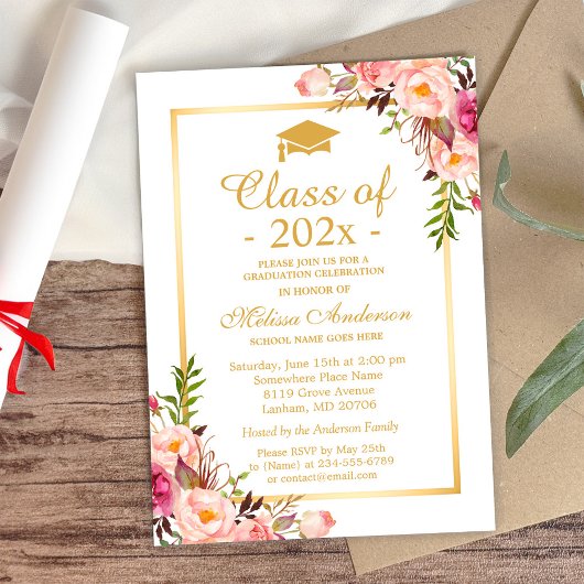 Invitation Classe de 2025 Graduation Elegant Chic Floral Gold