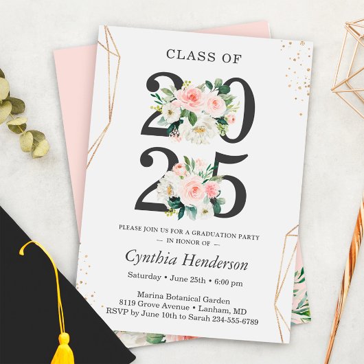 Invitation Classe de 2025 Moderne Blush Floral Graduation