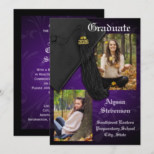 Invitation Classe de 2025 Purple Tassel Diplôme Dignifié (Devant / Derrière)