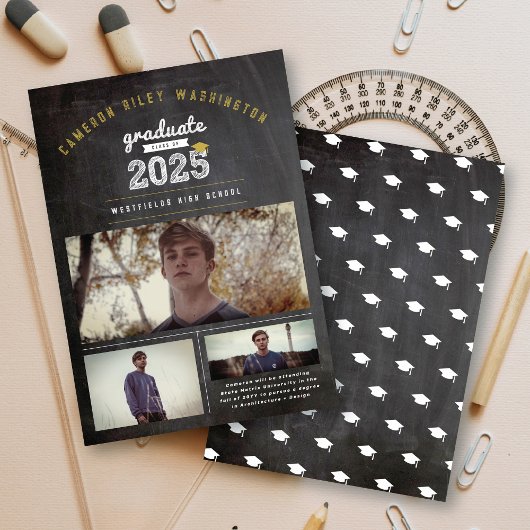 Invitation Classe De 2025 Retro Chalkboard 3 Photo Graduation