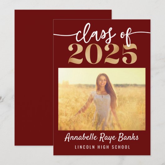 Invitation Classe de 2025 Script Maroon imprimable (Devant / Derrière)