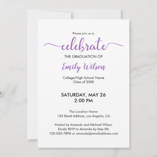 Invitation Classe De 2025 Violet Script Graduation Minimale (Dos)