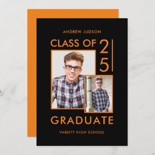 Invitation Classe De 25 Modern Black & Orange Photo Grad Part