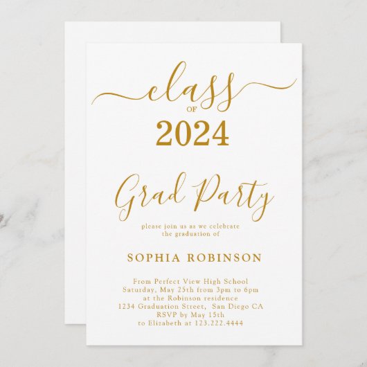 Invitation Classe de Gold Script Graduation Party 2024 (Devant / Derrière)