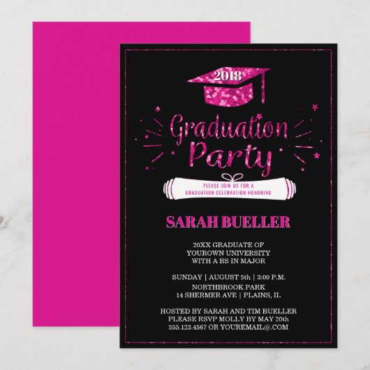 Invitation Classe de Grad Casquette Pink Grad Grad Grad Party (Devant / Derrière)