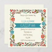Invitation Classe de graduation de frontière florale turquois (Devant / Derrière)
