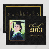 Invitation Classe d'or et de damas noirs élégants de 2013 (Devant / Derrière)