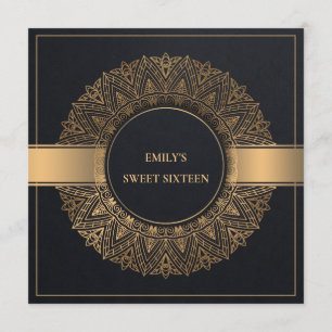 INVITATION CLASSE D'OR NOIR ORNATE MANDALA SWEET 16 ANNIVERSA