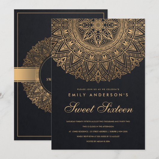 INVITATION CLASSE D'OR NOIR ORNATE MANDALA SWEET 16 ANNIVERSA (Devant / Derrière)