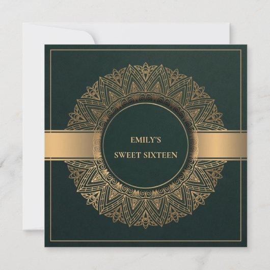 INVITATION CLASSE D'OR VERT ORNATE MANDALA SWEET 16 ANNIVERSA (Dos)