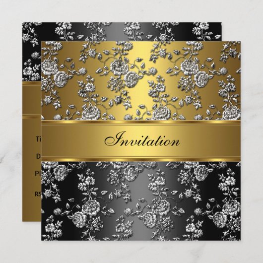 Invitation Classe Élégant Fleur 2 en relief Or (Devant / Derrière)