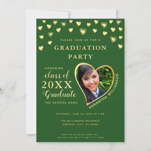 Invitation Classe élégante de 2025 Green and Gold Graduation (Devant)