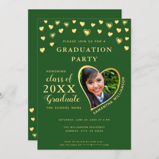 Invitation Classe élégante de 2025 Green and Gold Graduation (Devant / Derrière)