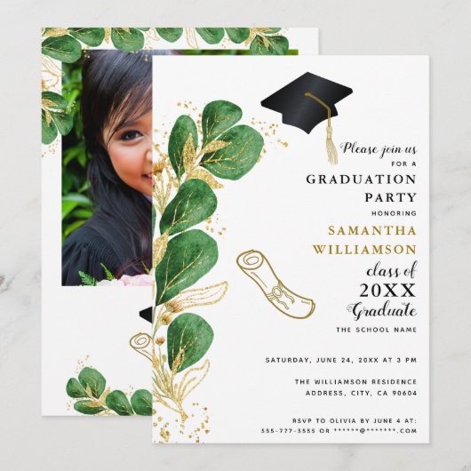 Invitation Classe élégante de 2025 Photo Greenery Graduation (Devant / Derrière)