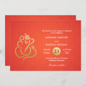 Invitation Classé Faux Gold Foil Ganesha Indian Red Damask (Devant / Derrière)