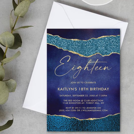 Invitation Classe Marine Blue & Gold Agate 18e anniversaire