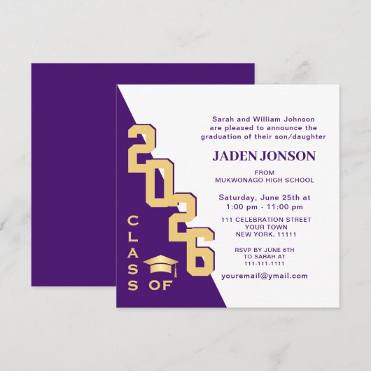 Invitation Classe moderne de 2022 Gold Purple Graduation Part (Devant / Derrière)