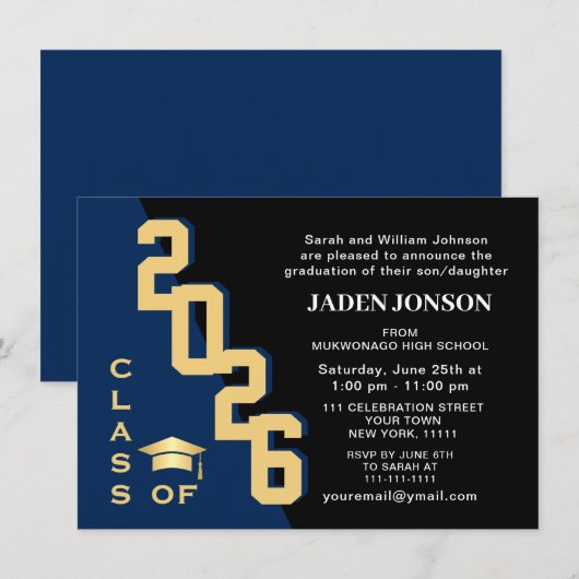 Invitation Classe moderne de 2023 Golden Navy Graduation Part (Devant / Derrière)