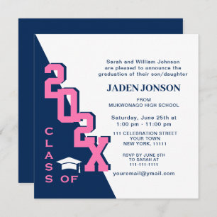 Invitation Classe moderne de 2023 Navy Pink Graduation Party