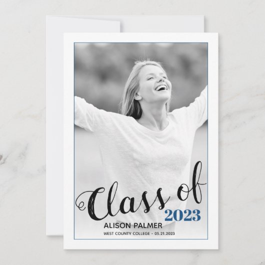 Invitation Classe moderne de 2023 script classique photo bleu (Devant)