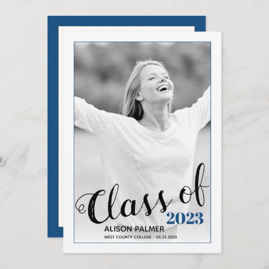 Invitation Classe moderne de 2023 script classique photo bleu (Devant / Derrière)