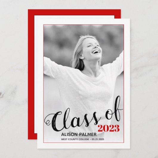 Invitation Classe moderne de 2023 script rouge photo frontièr (Devant / Derrière)