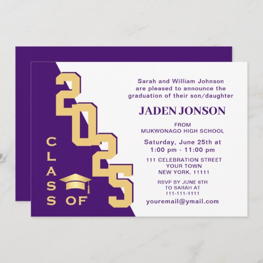 Invitation Classe moderne de 2024 Gold Purple Graduation Part (Devant / Derrière)