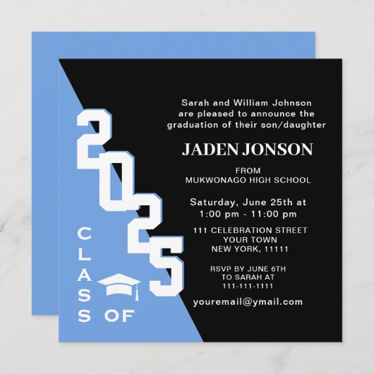 Invitation Classe moderne de 2025 Blue Black Graduation Party (Devant / Derrière)