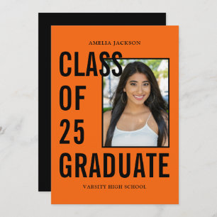 Invitation Classe Moderne De 25 Orange & Black Graduation Par