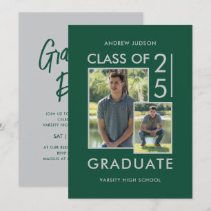 Invitation Classe moderne de 26 Vert Argent 2 Photo Fête de r