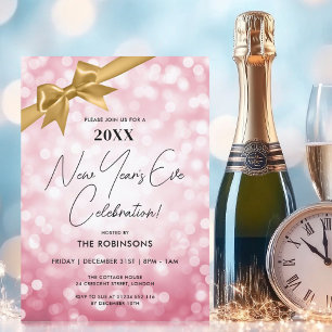 Invitation Classé New Years Eve Party Blush Bokeh Gold Bow