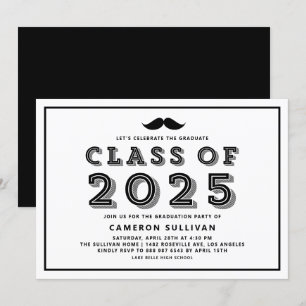 Invitation Classe noire de 2025 Mustache Rétro Graduation