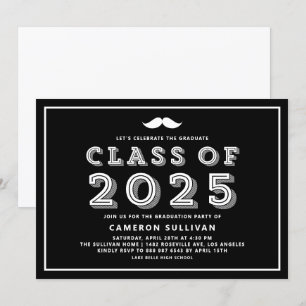 Invitation Classe noire et blanche de 2025 Mustache Graduatio