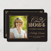 Invitation Classe Noire, Or de 2024 Photo Graduation (Devant / Derrière)
