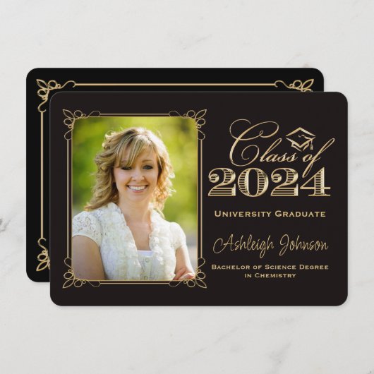 Invitation Classe Noire, Or de 2024 Photo Graduation (Devant / Derrière)