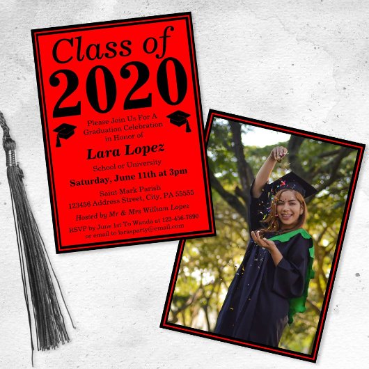 Invitation Classe noire rouge de 2024 - photo de graduation