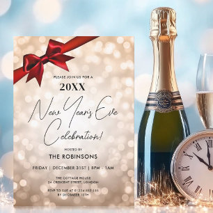 Invitation Classé Nouvel An Sove Party Cuivre Bokeh Red Bow