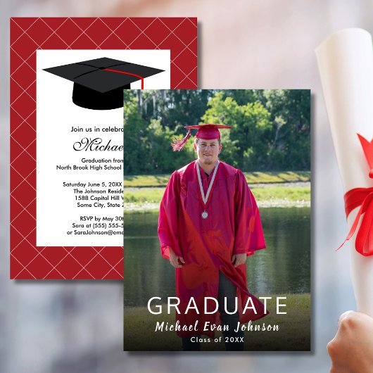 Invitation Classe photo blanc rouge de 20XX Graduation modern