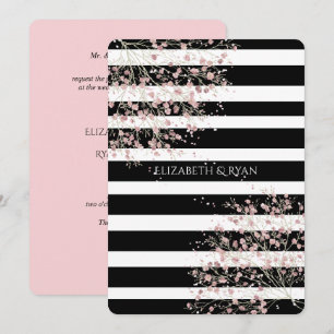 Invitation Classe, rayures noires et blanches, cerisier en fl