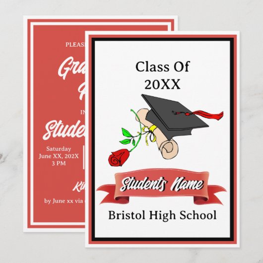 Invitation Classe Red and Black Graduation Party de 2023 (Devant / Derrière)