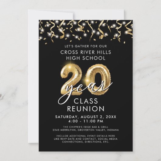 Invitation Classe Reunion 20 ans moderne Black Gold Balloon (Devant)