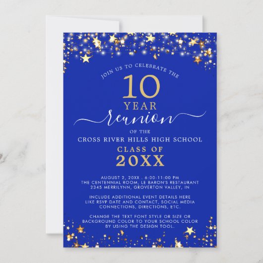 Invitation Classe Reunion Royal Blue Gold Star Éclairage chaq (Devant)