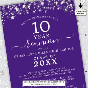 Invitation Classe Reunion Violet Argent Étoiles Éclairage Cha